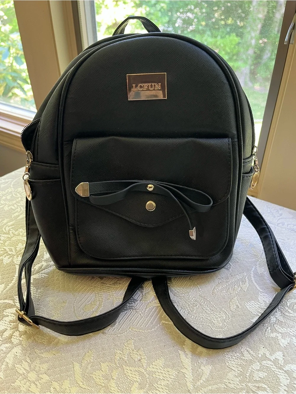 LCFUN Black Mini Backpack with Front Pocket and Bow Detail